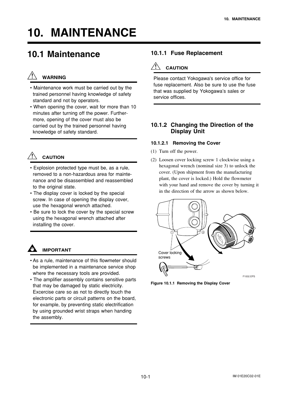 Maintenance, 1 maintenance, 1 fuse replacement | 2 changing the direction of thedisplay unit, Maintenance -1 | Yokogawa AXFA14G/C User Manual | Page 97 / 123