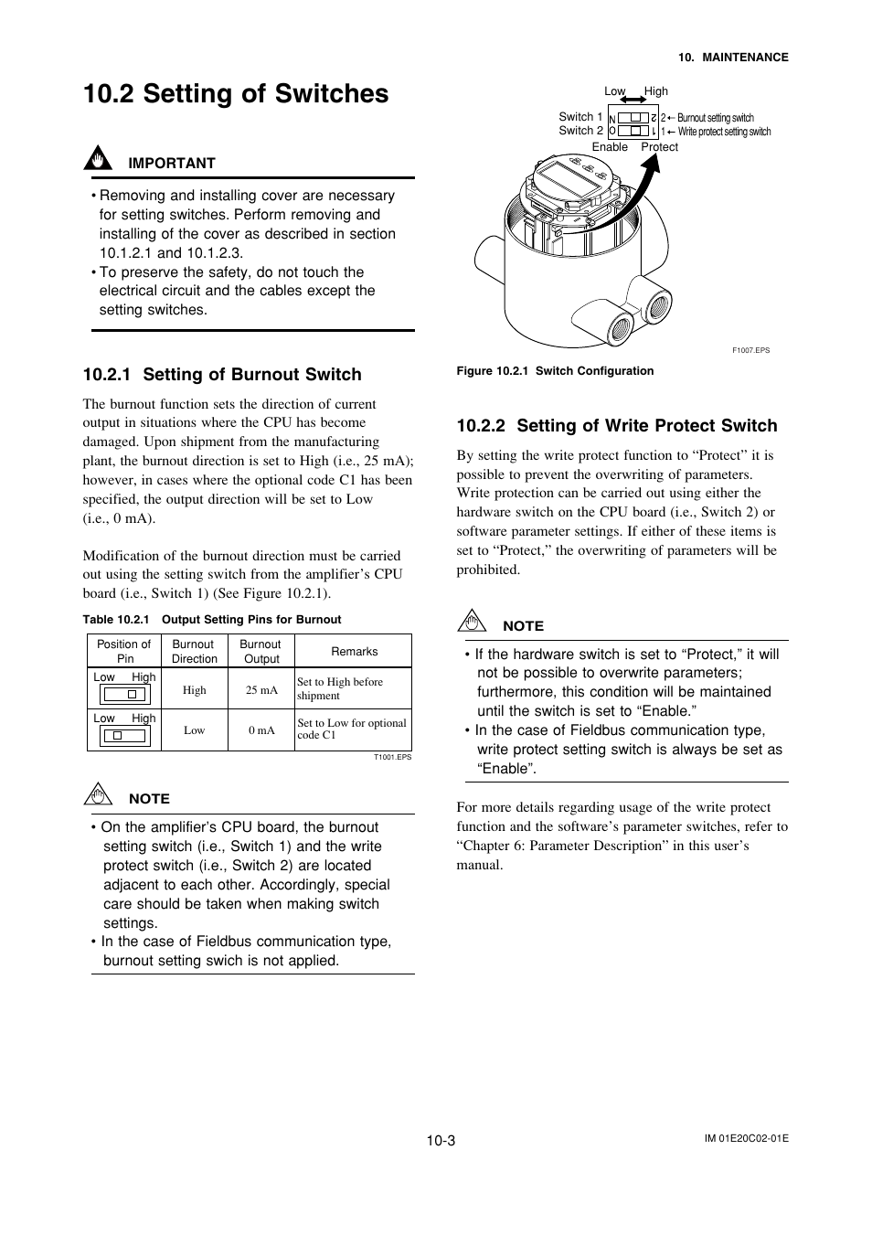 2 setting of switches, 1 setting of burnout switch, 2 setting of write protect switch | Setting of switches -3 | Yokogawa AXFA14G/C User Manual | Page 99 / 123