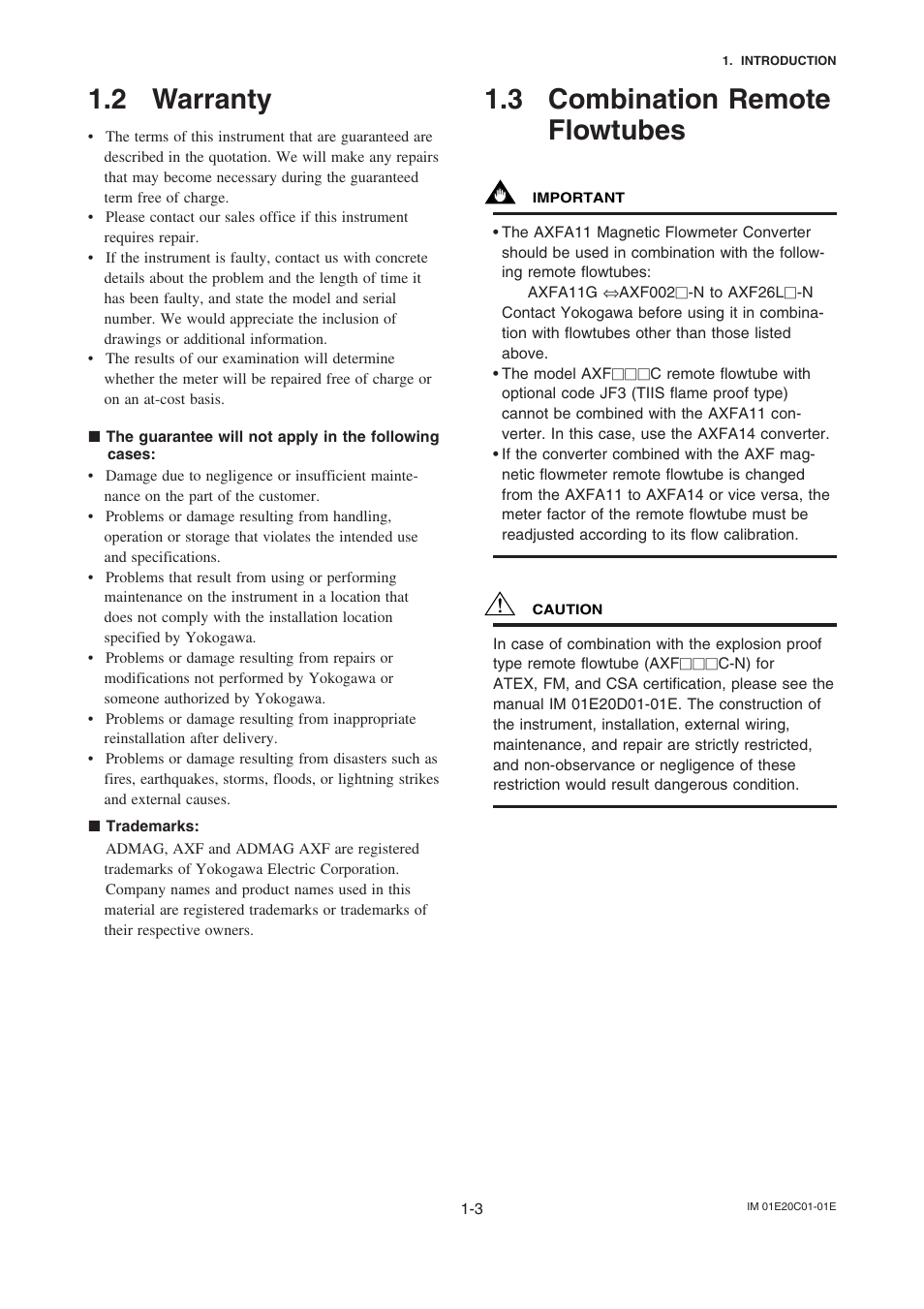 2 warranty, 3 combination remote flowtubes | Yokogawa AXFA11 Magnetic Flow Converter User Manual | Page 3 / 9