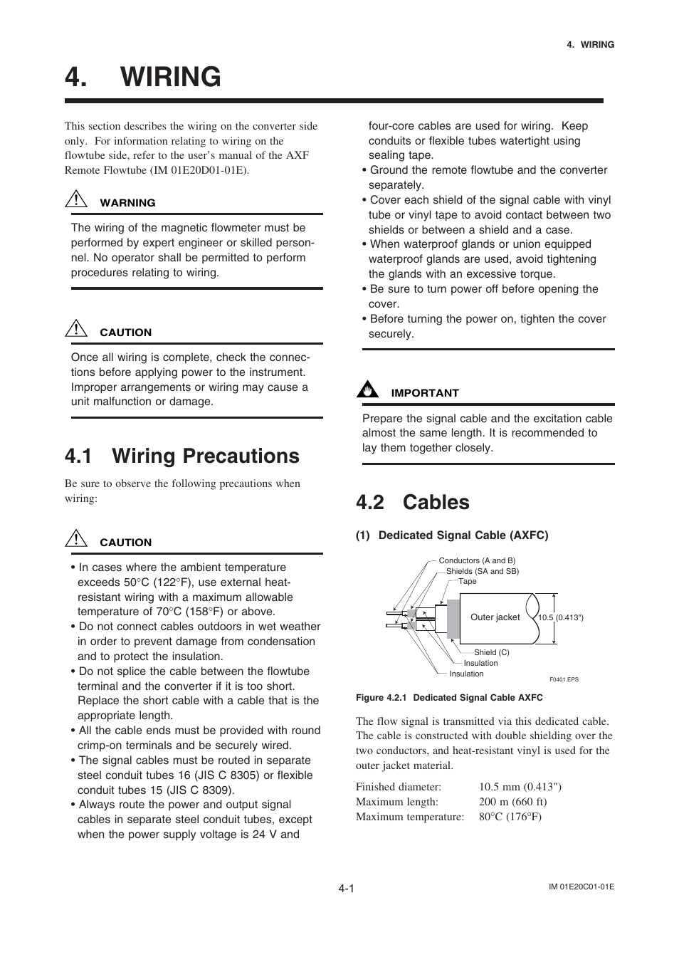 Wiring, 1 wiring precautions, 2 cables | Yokogawa AXFA11 Magnetic Flow Converter User Manual | Page 4 / 9