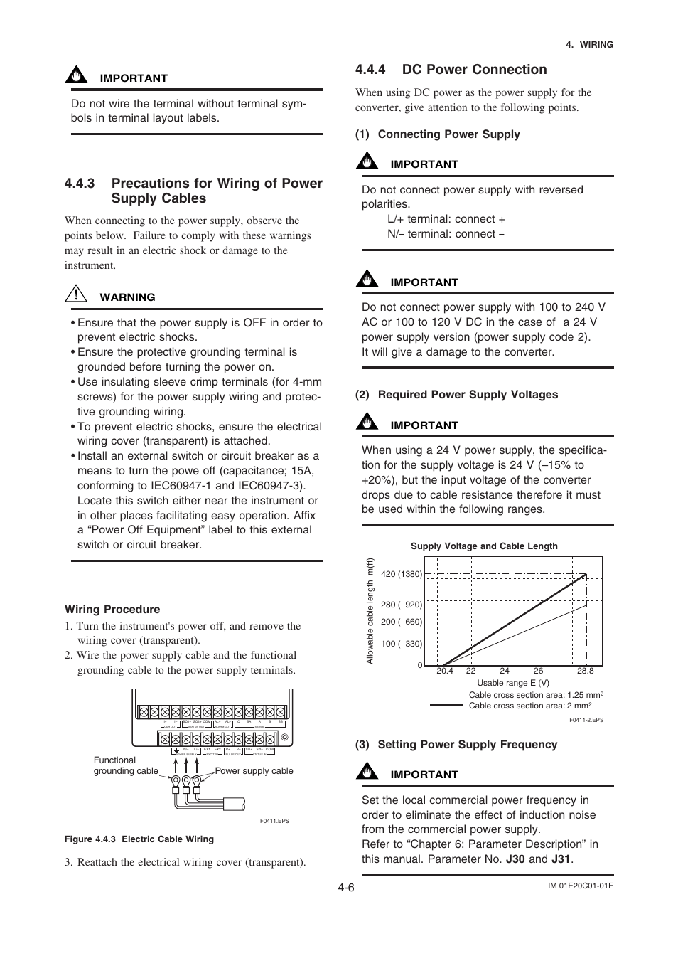 3 precautions for wiring of power supply cables, 4 dc power connection, Reattach the electrical wiring cover (transparent) | 3) setting power supply frequency | Yokogawa AXFA11 Magnetic Flow Converter User Manual | Page 6 / 9