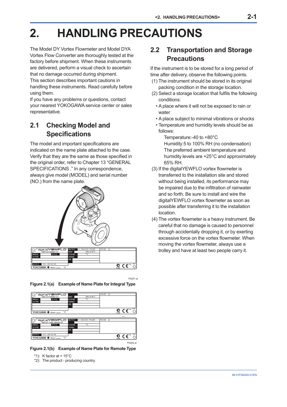 Handling precautions, 1 checking model and specifications, 2 transportation and storage precautions | Handling, Precautions, Checking model and specifi cations -1, Transportation and storage precautions -1, 1 checking model and specifi cations | Yokogawa digitalYEWFLO (DY) User Manual | Page 10 / 173