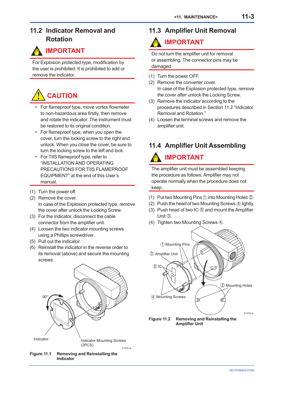 2 indicator removal and rotation, 3 amplifier unit removal, 4 amplifier unit assembling | Indicator removal and rotation -3, 3 amplifi er unit removal important, 4 amplifi er unit assembling important, 2 indicator removal and rotation important, Caution | Yokogawa digitalYEWFLO (DY) User Manual | Page 101 / 173