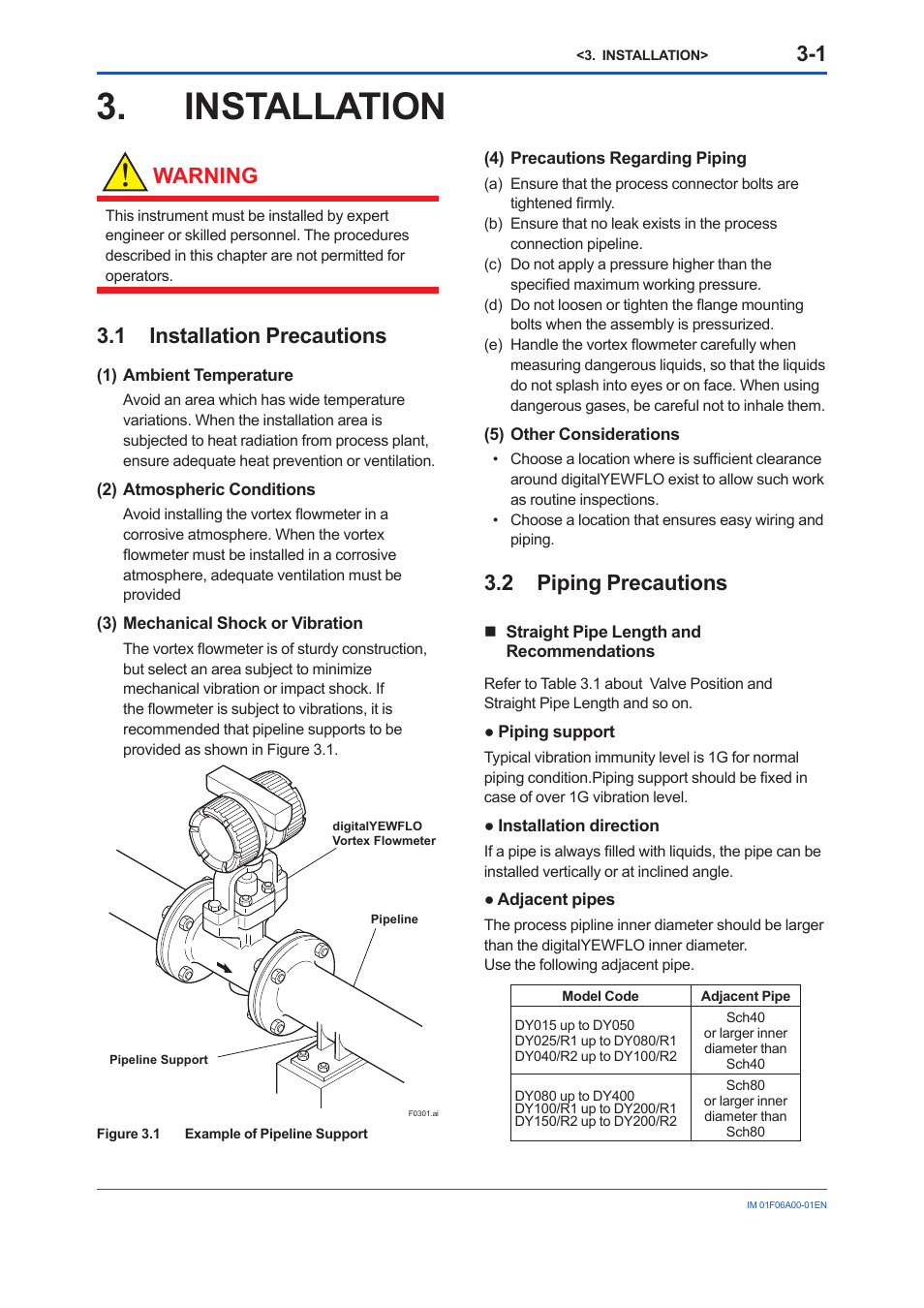 Installation, 1 installation precautions, 2 piping precautions | 1 installation, Precautions, 2 piping, Warning | Yokogawa digitalYEWFLO (DY) User Manual | Page 11 / 173