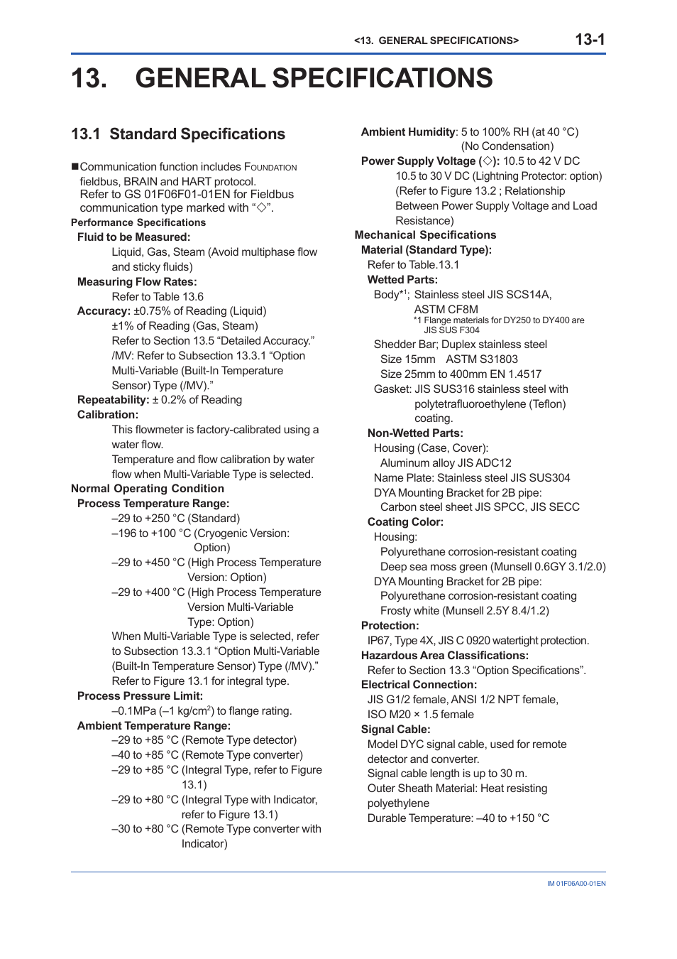 General specifications, 1 standard specifications, General | Specifications, 1 standard, Specifi cations -1, 1 standard specifi cations | Yokogawa digitalYEWFLO (DY) User Manual | Page 111 / 173