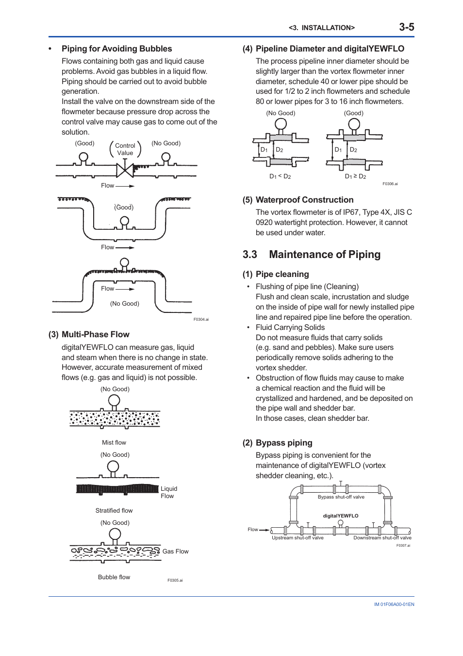 3 maintenance of piping, Maintenance of piping -5, Piping for avoiding bubbles | 3) multi-phase flow, 4) pipeline diameter and digitalyewflo, 5) waterproof construction, 1) pipe cleaning, 2) bypass piping | Yokogawa digitalYEWFLO (DY) User Manual | Page 15 / 173