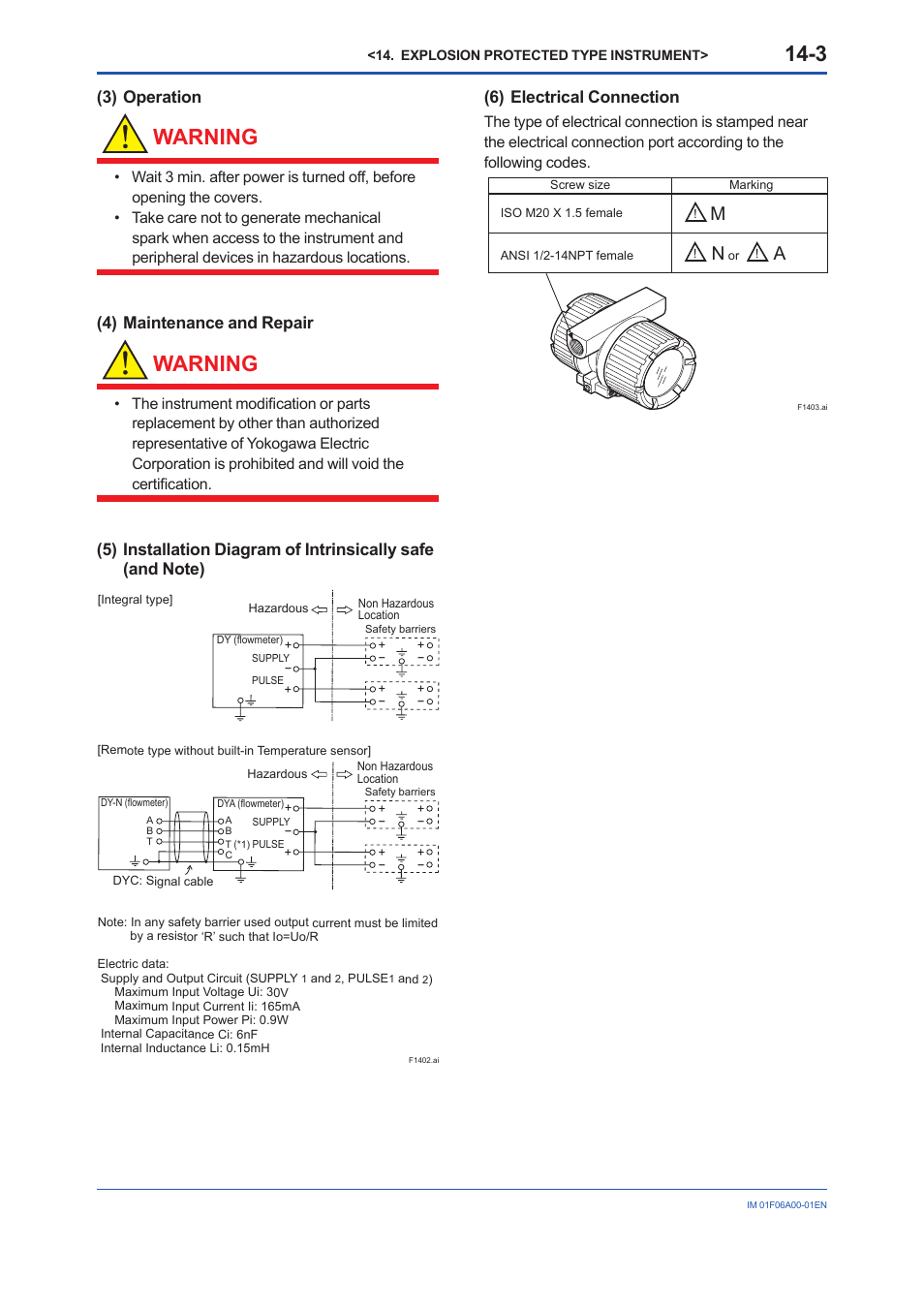 Warning, 3) operation, 4) maintenance and repair | 6) electrical connection | Yokogawa digitalYEWFLO (DY) User Manual | Page 154 / 173