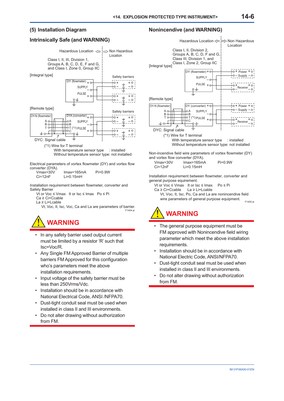 Warning, Nonincendive (and warning) | Yokogawa digitalYEWFLO (DY) User Manual | Page 157 / 173