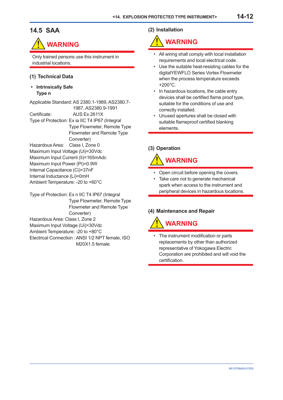 5 saa, 5 saa warning, Warning | Yokogawa digitalYEWFLO (DY) User Manual | Page 163 / 173