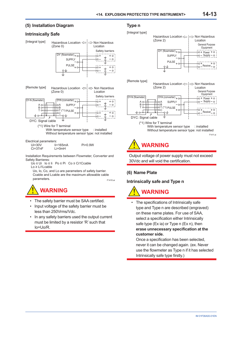 Warning, 5) installation diagram intrinsically safe, Type n | 6) name plate intrinsically safe and type n | Yokogawa digitalYEWFLO (DY) User Manual | Page 164 / 173