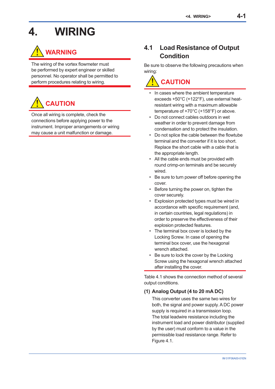 Wiring, 1 load resistance of output condition, Load resistance of output condition -1 | Warning, Caution | Yokogawa digitalYEWFLO (DY) User Manual | Page 20 / 173