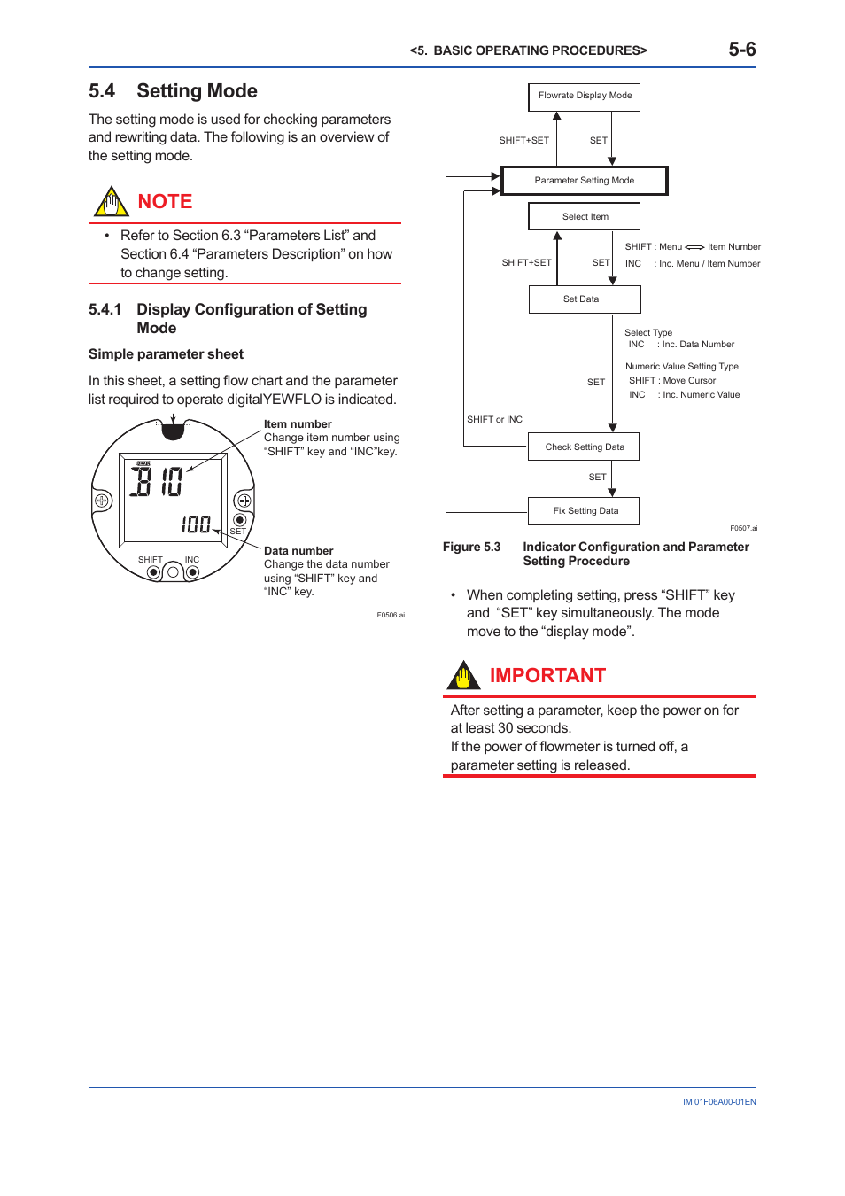 4 setting mode, 1 display configuration of setting mode, 4 setting | Mode, 1 display, Confi guration of setting mode -6, Important, 1 display confi guration of setting mode | Yokogawa digitalYEWFLO (DY) User Manual | Page 34 / 173
