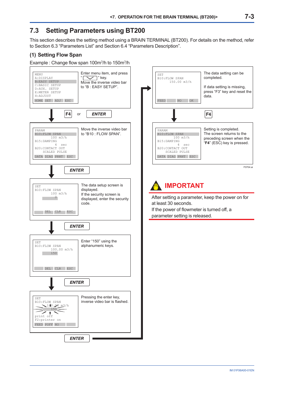 3 setting parameters using bt200, Setting parameters using bt200 -3, Important | 1) setting flow span, Example : change fl ow span 100m, H to 150m | Yokogawa digitalYEWFLO (DY) User Manual | Page 59 / 173