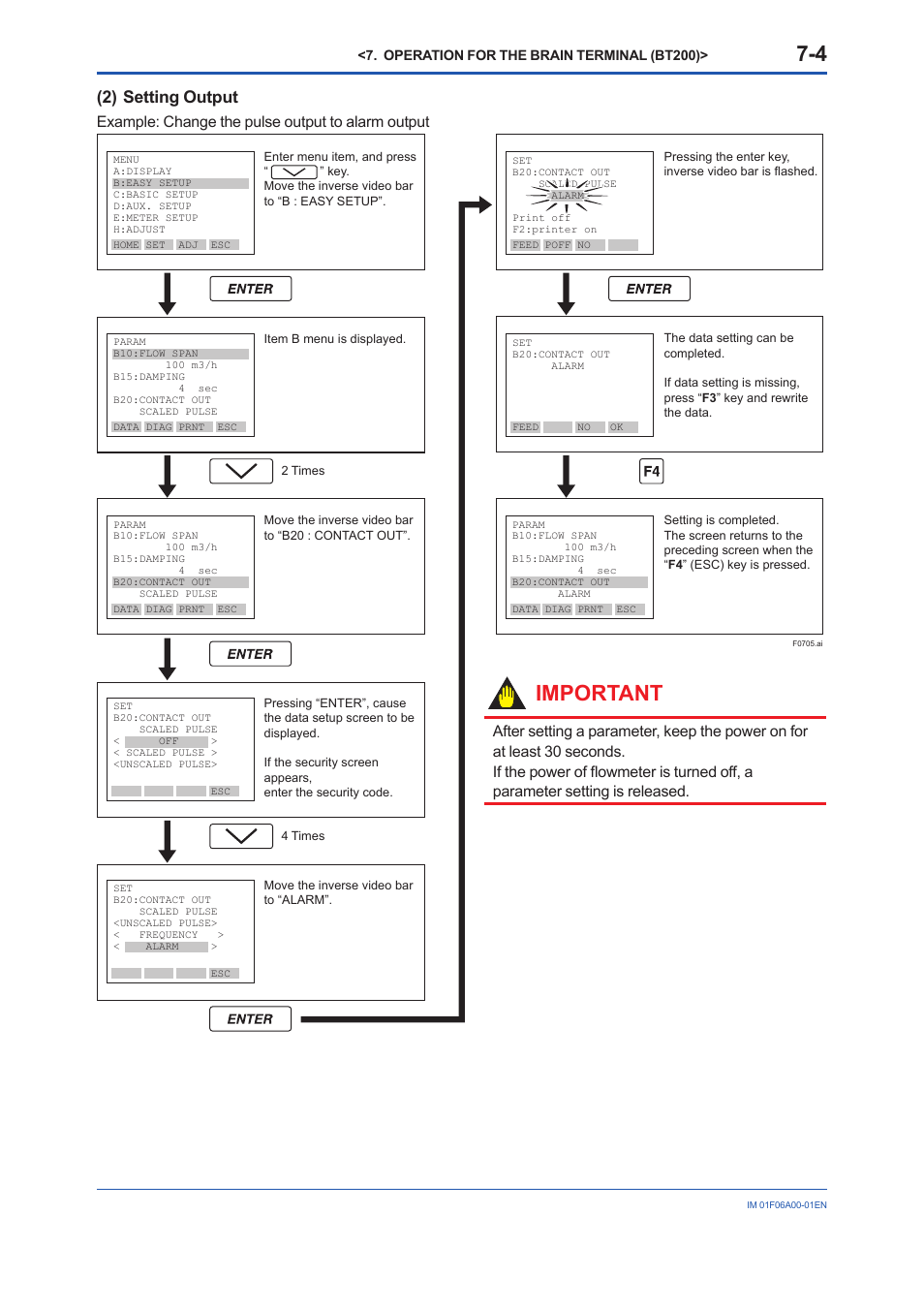 Important, 2) setting output, Example: change the pulse output to alarm output | Yokogawa digitalYEWFLO (DY) User Manual | Page 60 / 173