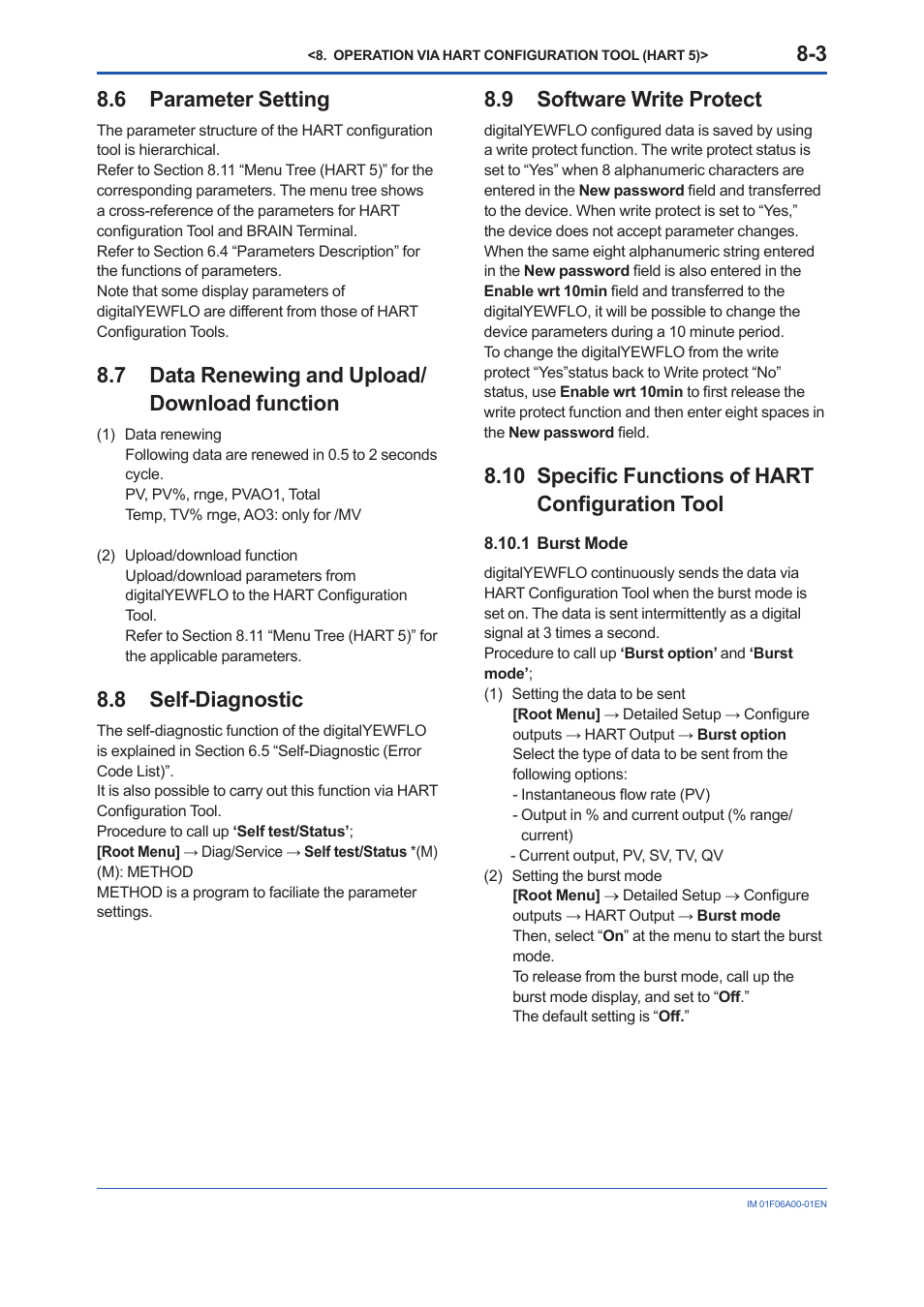 6 parameter setting, 7 data renewing and upload/download function, 8 self-diagnostic | 9 software write protect, 10 specific functions of hart configuration tool, 1 burst mode, 6 parameter, Setting, Data renewing and upload/download function -3, Software write protect -3 | Yokogawa digitalYEWFLO (DY) User Manual | Page 63 / 173