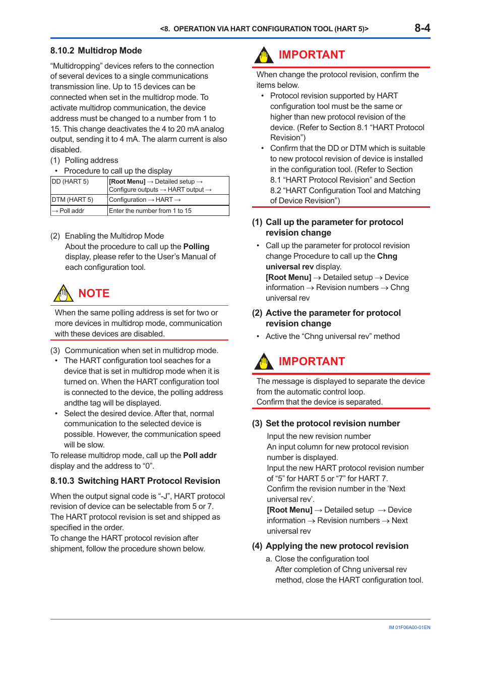 2 multidrop mode, 3 switching hart protocol revision, 2 multidrop | Mode, Switching hart protocol revision -4, Important | Yokogawa digitalYEWFLO (DY) User Manual | Page 64 / 173