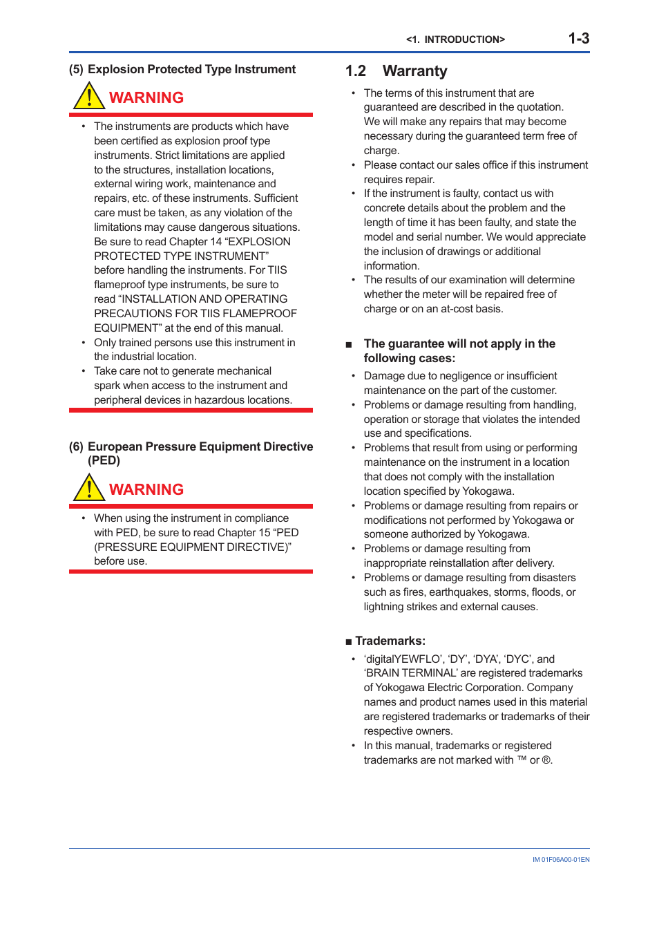 2 warranty, Warning | Yokogawa digitalYEWFLO (DY) User Manual | Page 8 / 173