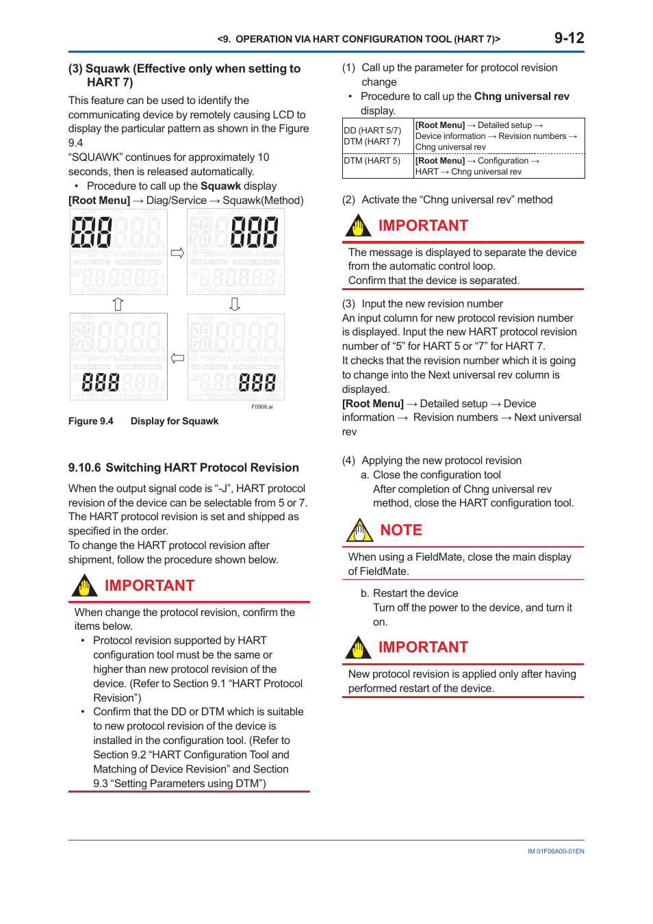 6 switching hart protocol revision, Switching hart protocol revision -12, Important | Yokogawa digitalYEWFLO (DY) User Manual | Page 84 / 173