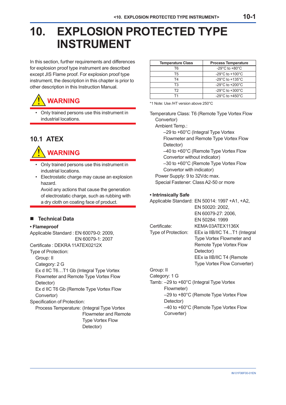 Explosion protected type instrument, 1 atex, Explosion protected type instrument -1 | Warning, 1 atex warning | Yokogawa digitalYEWFLO (DY-FF) User Manual | Page 50 / 168