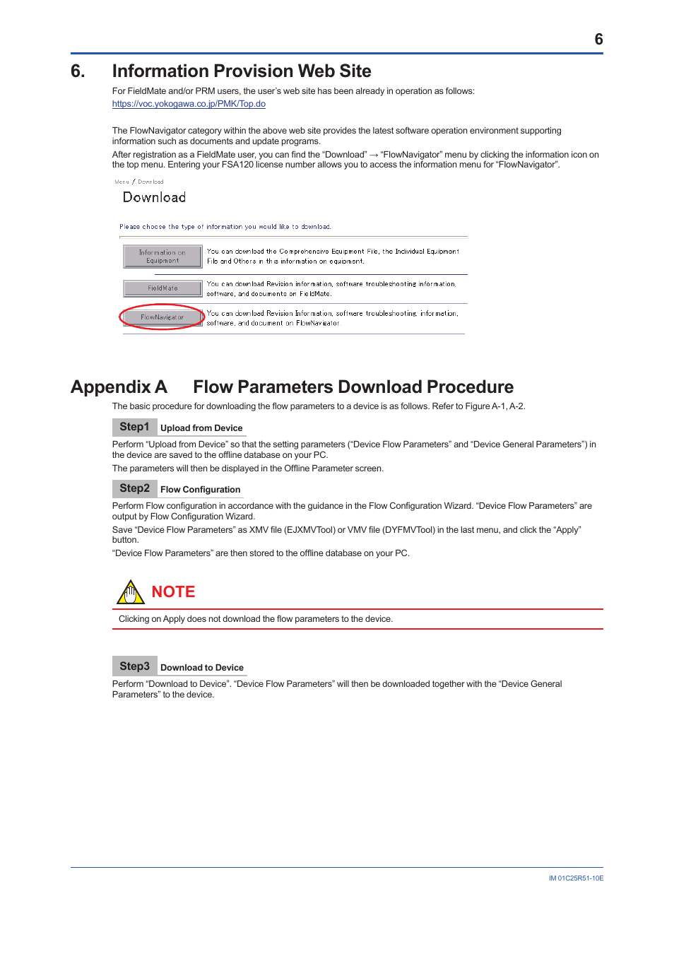Information provision web site, Appendix a flow parameters download procedure | Yokogawa FlowNavigator Software User Manual | Page 6 / 16