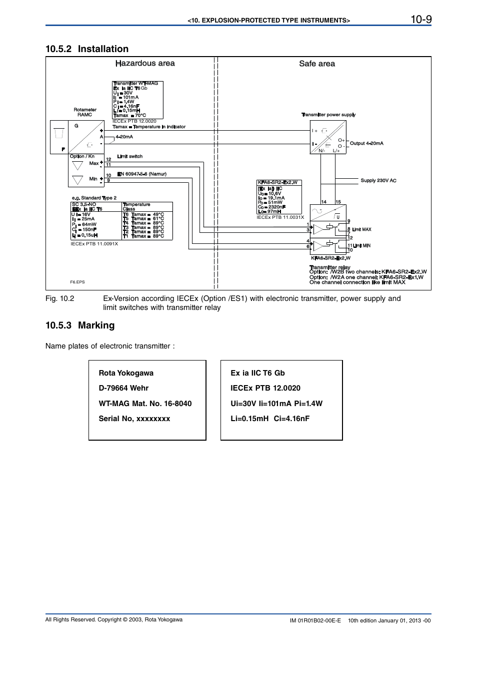 2 installation, 3 marking, 2 installation -9 | 3 marking -9, Hazardous area safe area, Name plates of electronic transmitter | Yokogawa RAMC User Manual | Page 101 / 136