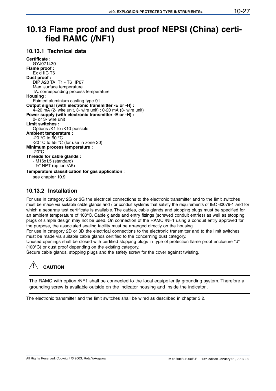 1 technical data, 2 installation, 1 technical data -27 | 2 installation -27 | Yokogawa RAMC User Manual | Page 119 / 136