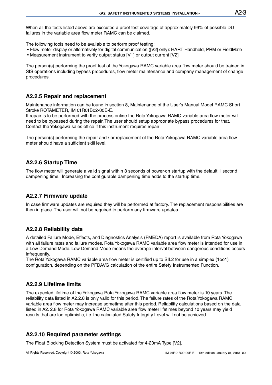 A2.2.5 repair and replacement, A2.2.6 startup time, A2.2.7 firmware update | A2.2.8 reliability data, A2.2.9 lifetime limits, A2.2.10 required parameter settings, A2-3 | Yokogawa RAMC User Manual | Page 131 / 136