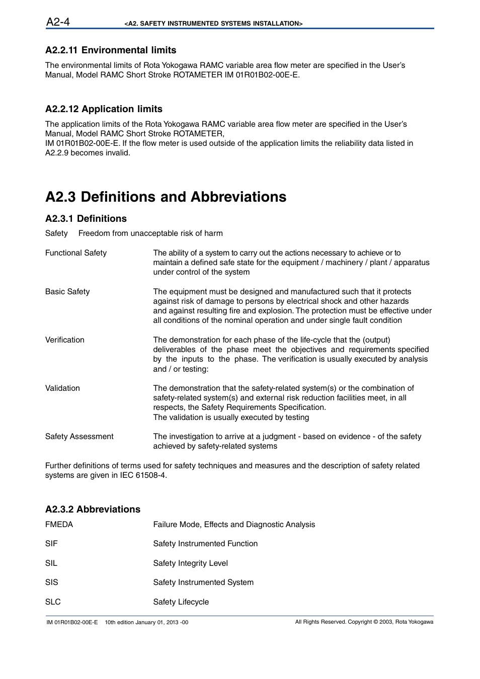 A2.2.11 environmental limits, A2.2.12 application limits, A2.3 definitions and abbreviations | A2.3.1 definitions, A2.3.2 abbreviations, A2-4 | Yokogawa RAMC User Manual | Page 132 / 136