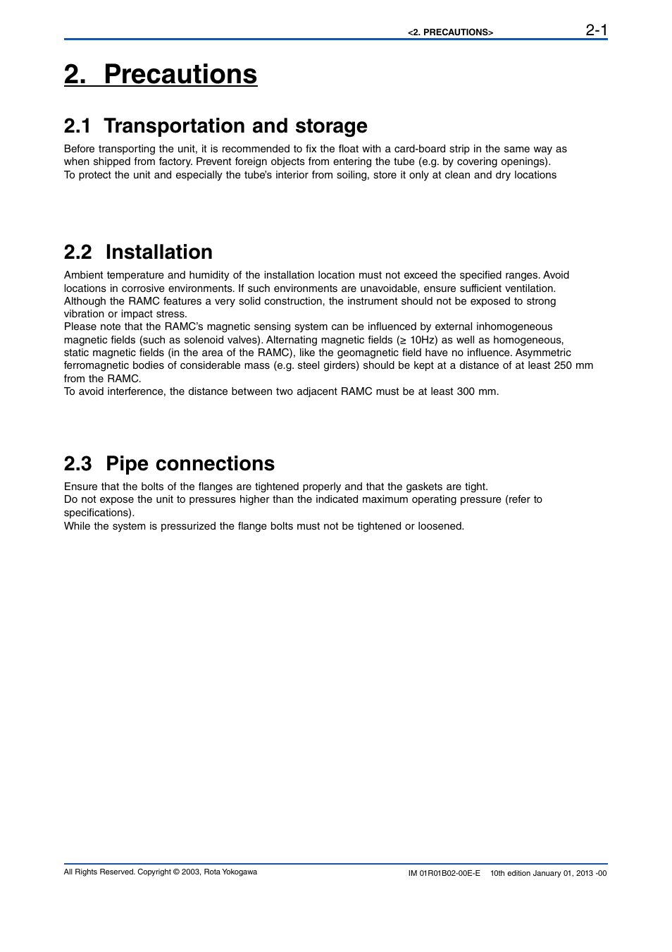 Precautions, 1 transportation and storage, 2 installation | 3 pipe connections, Precautions -1, 1 transportation and storage -1, 2 installation -1, 3 pipe connections -1 | Yokogawa RAMC User Manual | Page 15 / 136