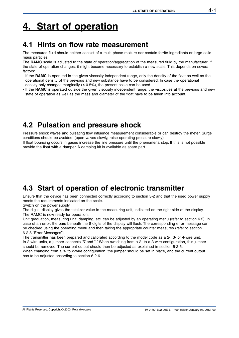 Start of operation, 1 hints on flow rate measurement, 2 pulsation and pressure shock | 3 start of operation of electronic transmitter, Start of operation -1, 1 hints on flow rate measurement -1, 2 pulsation and pressure shock -1, 3 start of operation of electronic transmitter -1 | Yokogawa RAMC User Manual | Page 23 / 136