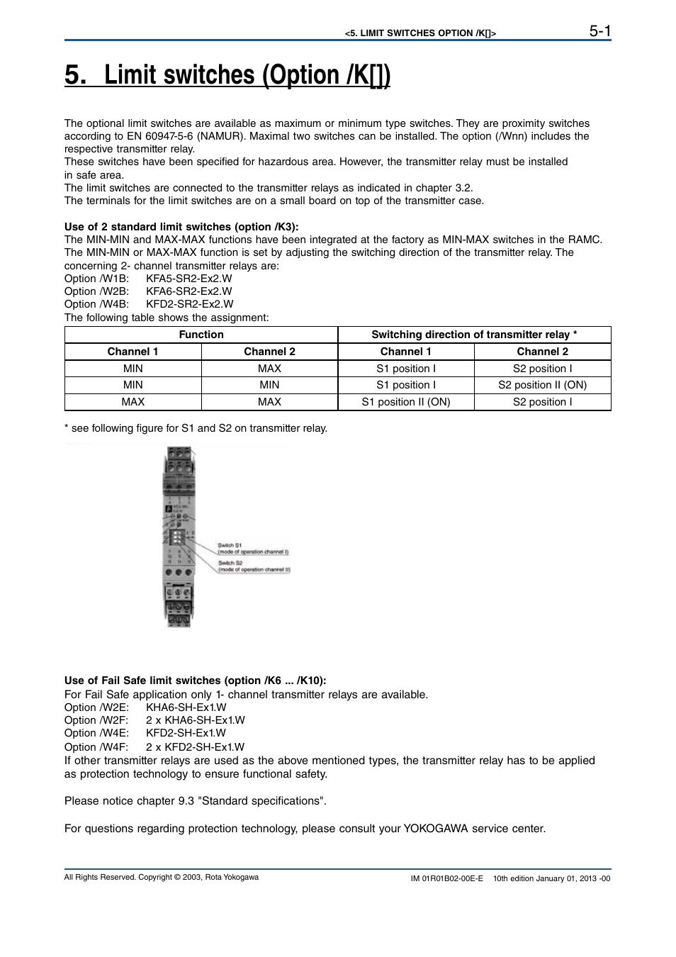 Limit switches (option /k[]), Limit switches (option /k[]) -1 | Yokogawa RAMC User Manual | Page 25 / 136