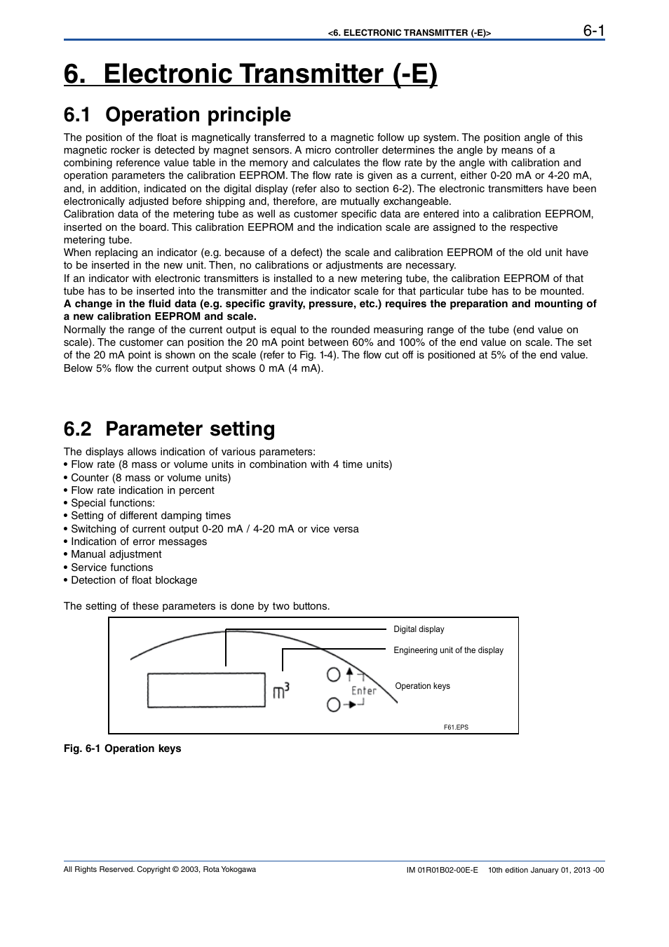 Electronic transmitter (-e), 1 operation principle, 2 parameter setting | Electronic transmitter (-e) -1, 1 operation principle -1, 2 parameter setting -1 | Yokogawa RAMC User Manual | Page 27 / 136