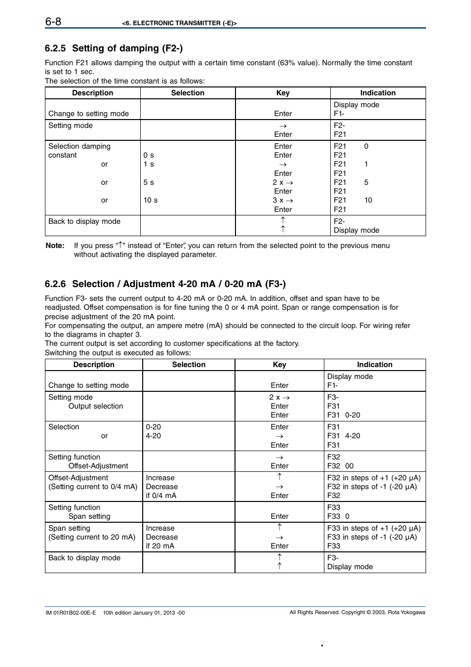 5 setting of damping (f2-), 6 selection / adjustment 4-20 ma / 0-20 ma (f3-), 5 setting of damping (f2-) -8 | Yokogawa RAMC User Manual | Page 34 / 136