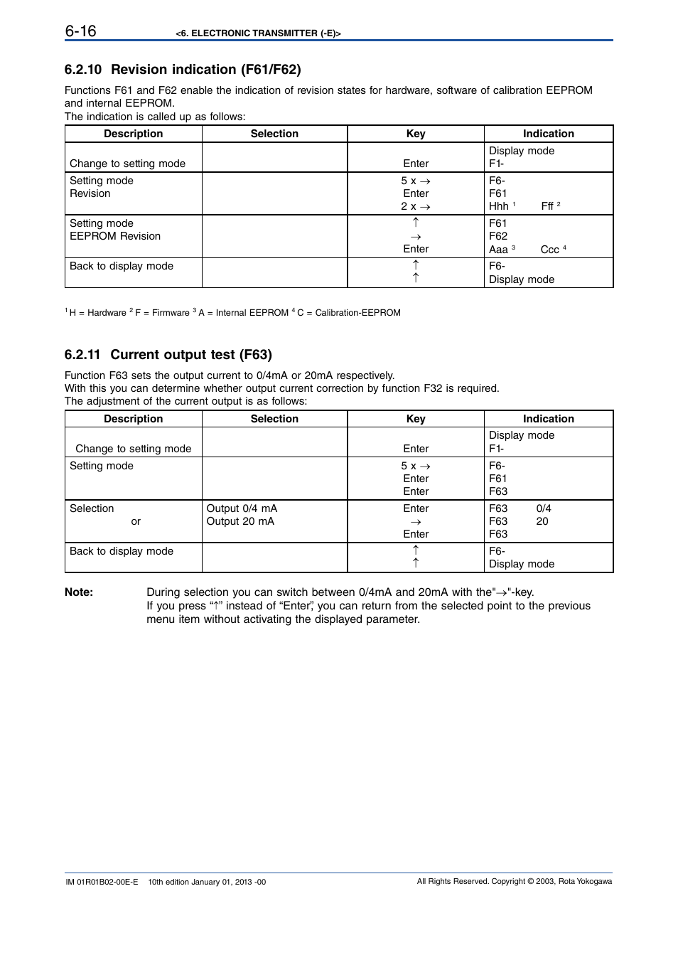 10 revision indication (f61/f62), 11 current output test (f63), 10 revision indication (f61/f62) -16 | 11 current output test (f63) -16 | Yokogawa RAMC User Manual | Page 42 / 136