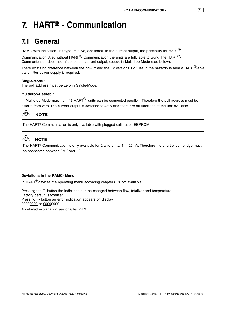 Hart® - communication, 1 general, Hart | Communication -1, 1 general -1, Communication | Yokogawa RAMC User Manual | Page 49 / 136