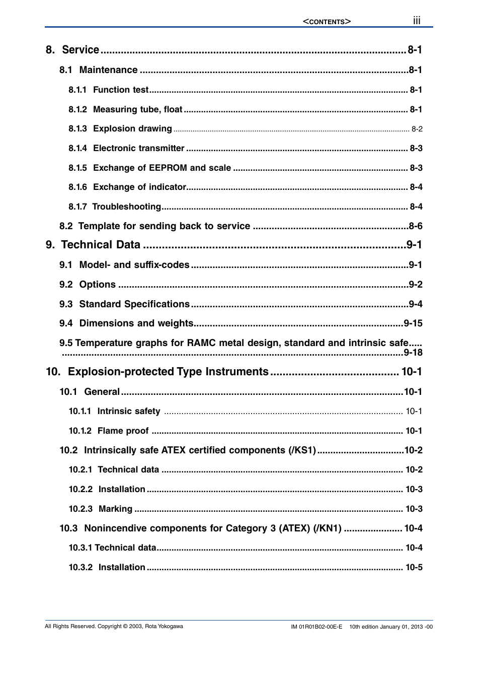 Service -1, Technical data -1, Explosion-protected type instruments -1 | Yokogawa RAMC User Manual | Page 5 / 136