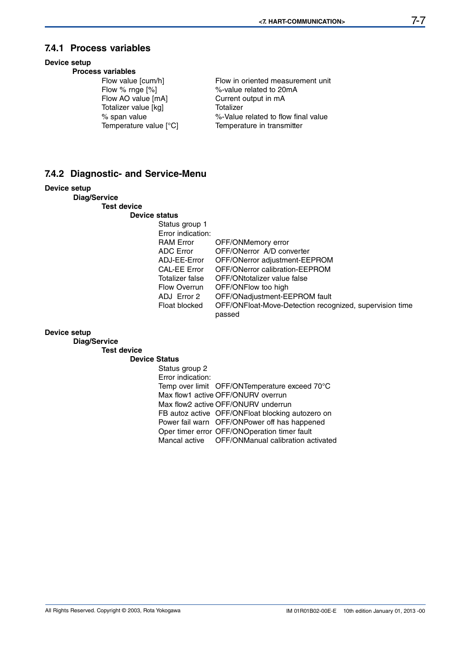 1 process variables, 2 diagnostic- and service-menu, 1 process variables -7 | 2 diagnostic- and service-menu -7 | Yokogawa RAMC User Manual | Page 55 / 136