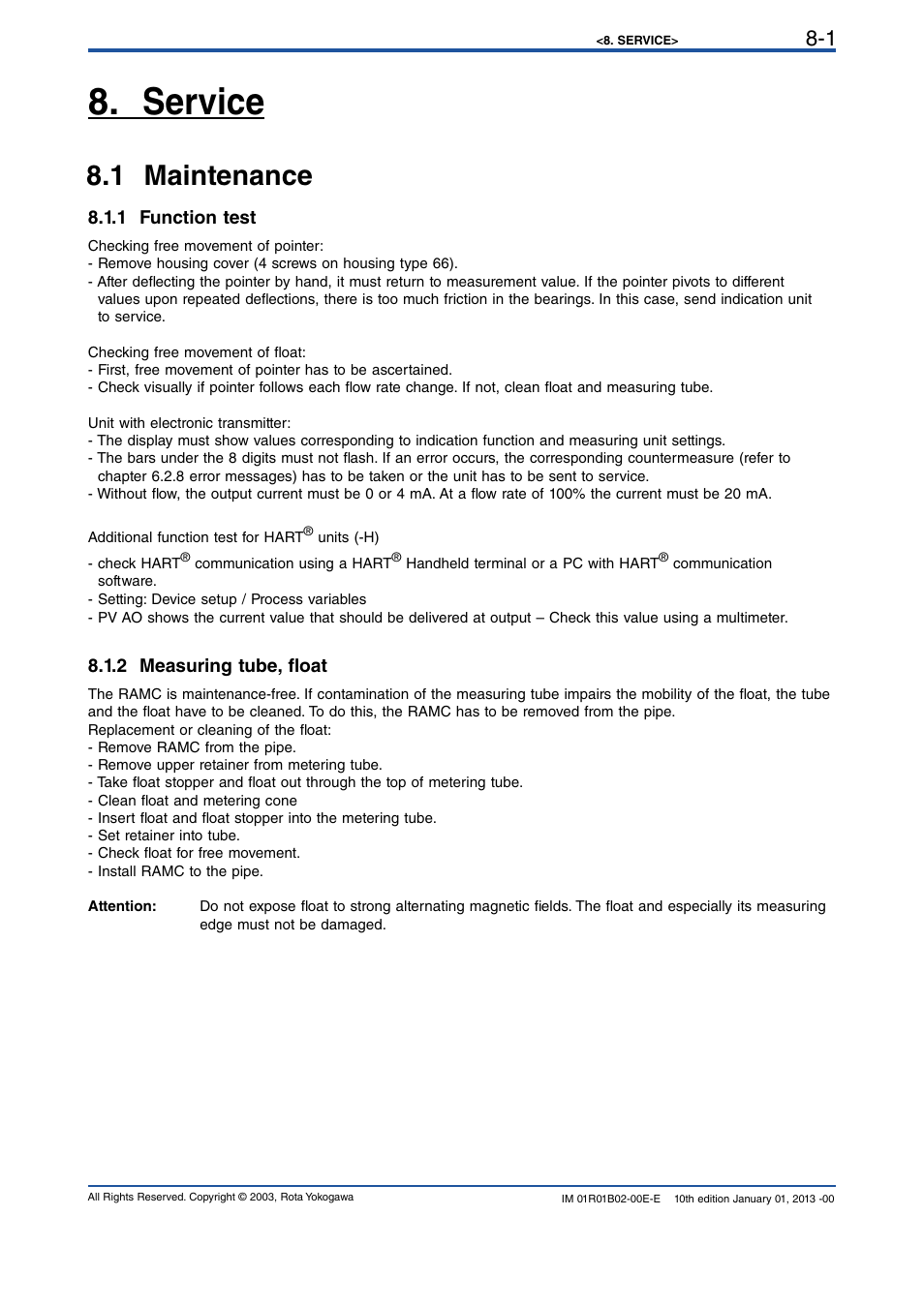 Service, 1 maintenance, 1 function test | 2 measuring tube, float, Service -1, 1 maintenance -1, 1 function test -1, 2 measuring tube, float -1 | Yokogawa RAMC User Manual | Page 65 / 136