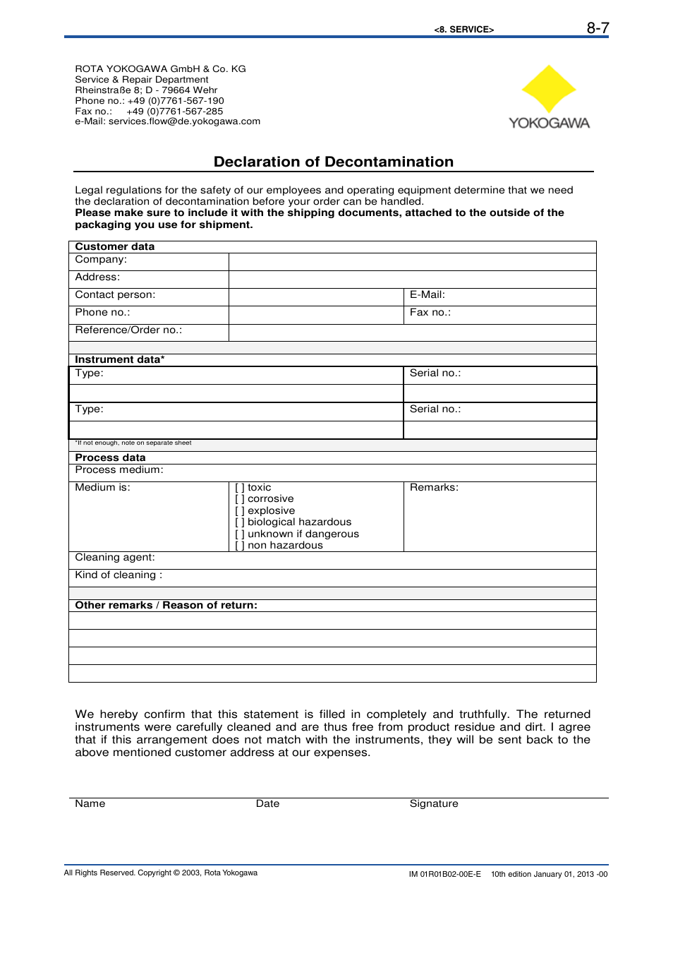 Declaration of decontamination | Yokogawa RAMC User Manual | Page 71 / 136