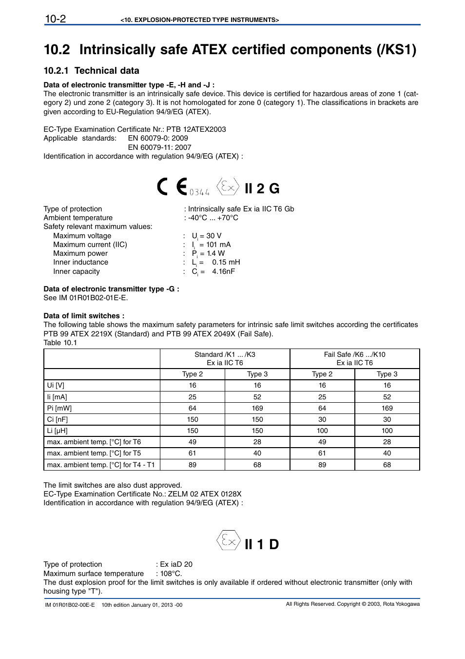1 technical data, 1 technical data -2, Ii 2 g | Ii 1 d | Yokogawa RAMC User Manual | Page 94 / 136