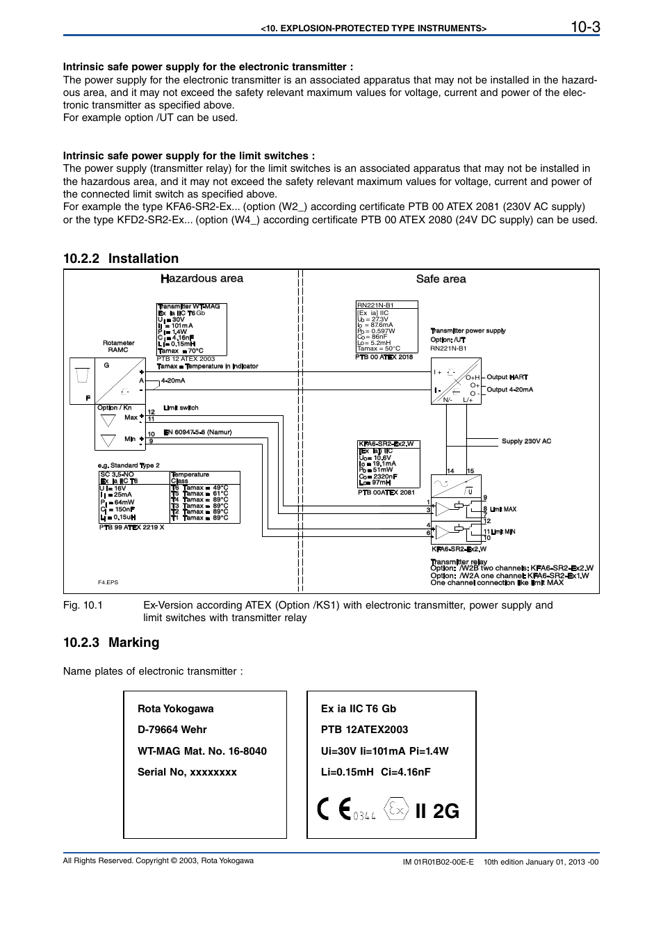 2 installation, 3 marking, 2 installation -3 | 3 marking -3, Ii 2g, Hazardous area safe area, Name plates of electronic transmitter | Yokogawa RAMC User Manual | Page 95 / 136