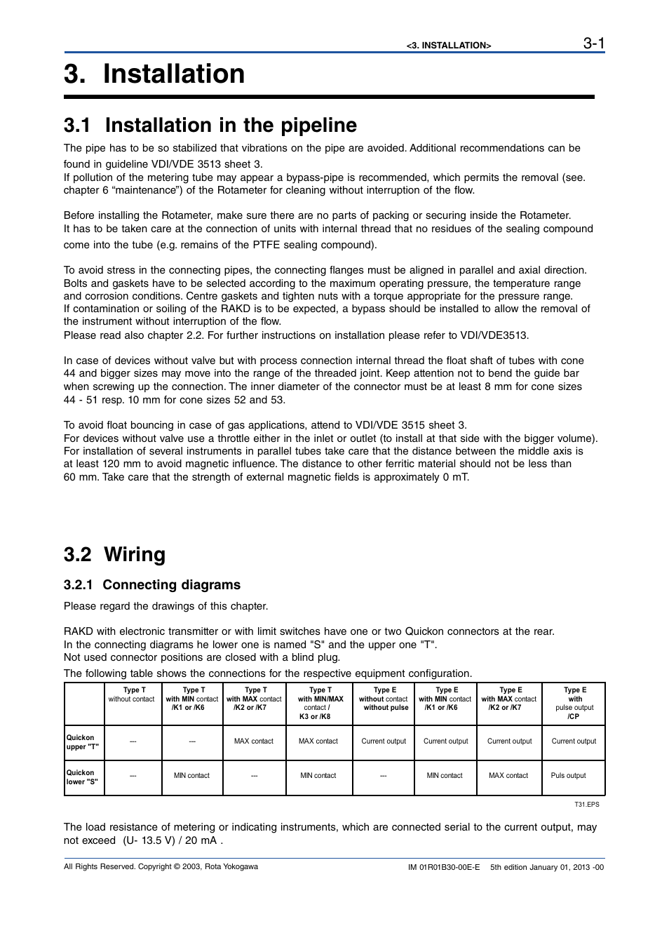 Installation, 1 installation in the pipeline, 2 wiring | 1 connecting diagrams, Installation -1, 1 installation in the pipeline -1, 2 wiring -1, 1 connecting diagrams -1 | Yokogawa RAKD User Manual | Page 15 / 72