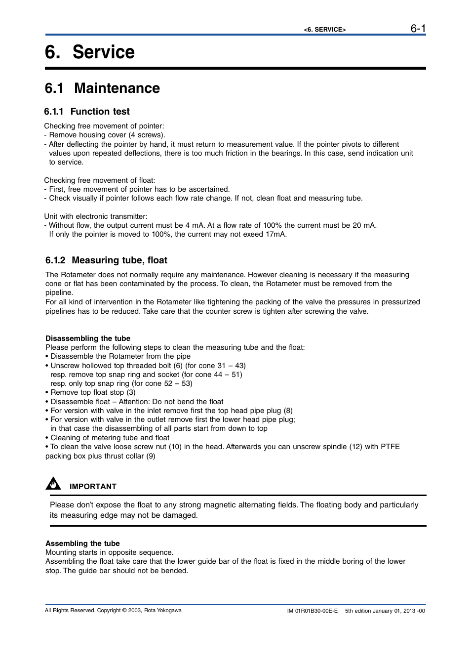 Service, 1 maintenance, 1 function test | 2 measuring tube, float, Service -1, 1 maintenance -1, 1 function test -1, 2 measuring tube, float -1 | Yokogawa RAKD User Manual | Page 25 / 72