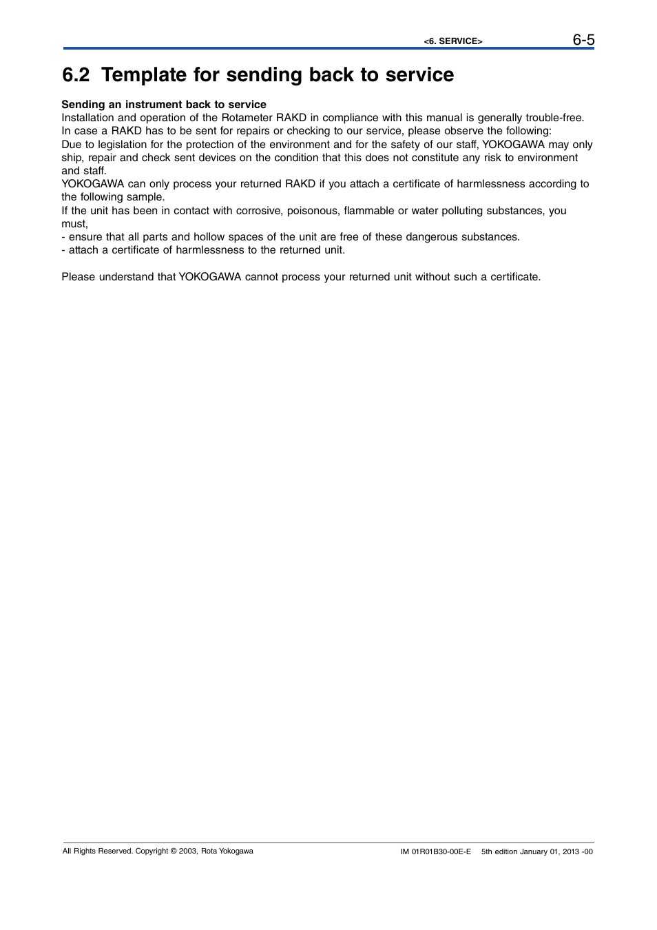 2 template for sending back to service, 2 template for sending back to service -5 | Yokogawa RAKD User Manual | Page 29 / 72