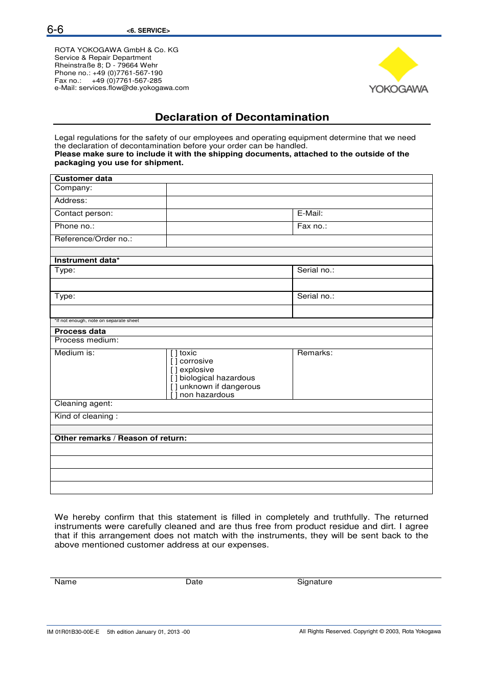 Declaration of decontamination | Yokogawa RAKD User Manual | Page 30 / 72