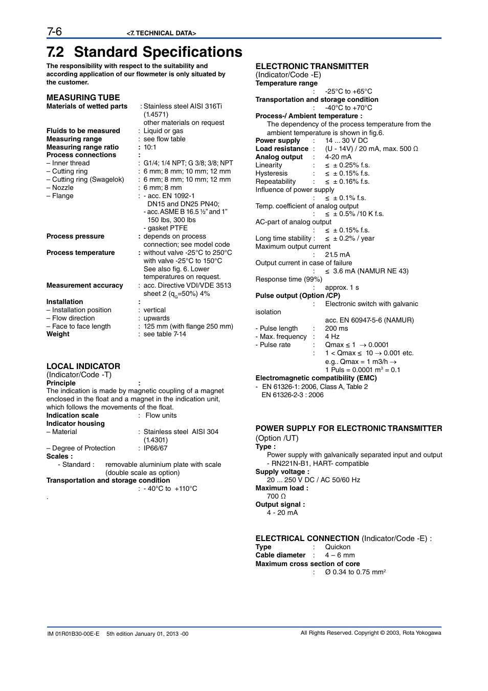 2 standard specifications, 2 standard specifications -6 | Yokogawa RAKD User Manual | Page 36 / 72