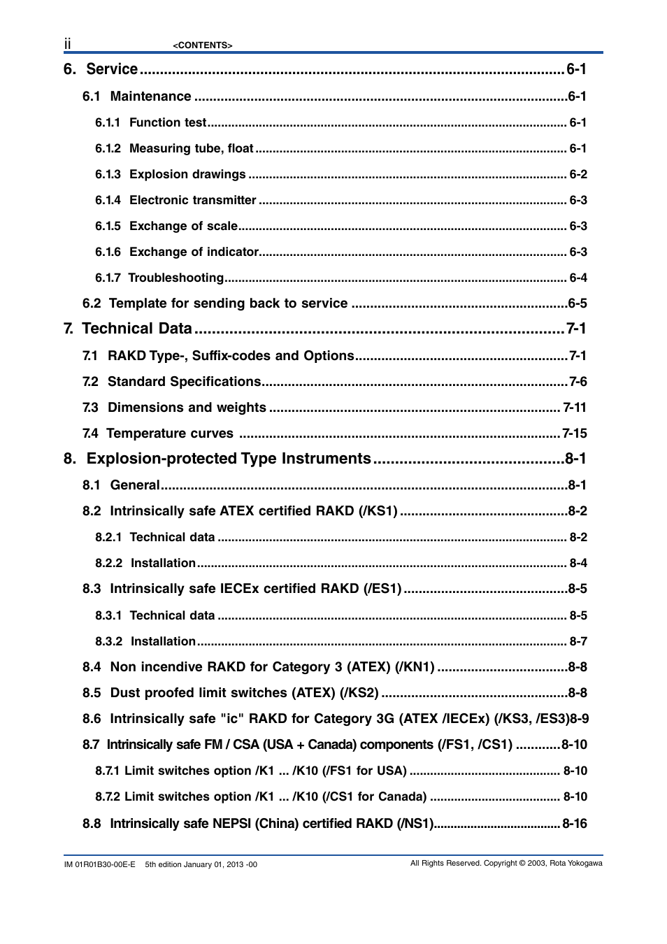 Service -1, Technical data -1, Explosion-protected type instruments -1 | Yokogawa RAKD User Manual | Page 4 / 72