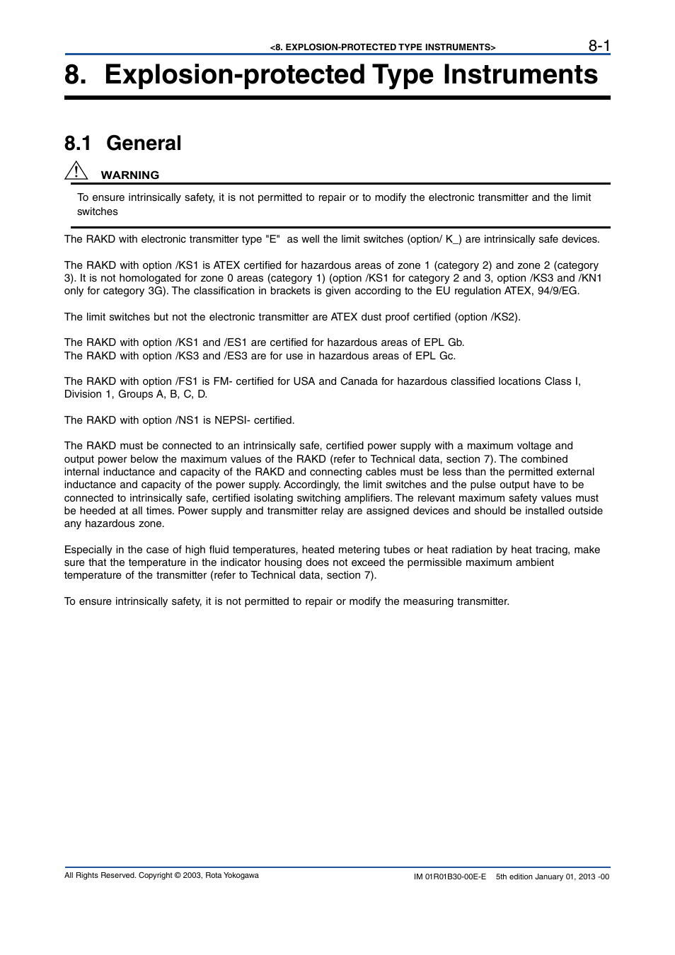 Explosion-protected type instruments, 1 general, Explosion-protected type instruments -1 | 1 general -1 | Yokogawa RAKD User Manual | Page 47 / 72