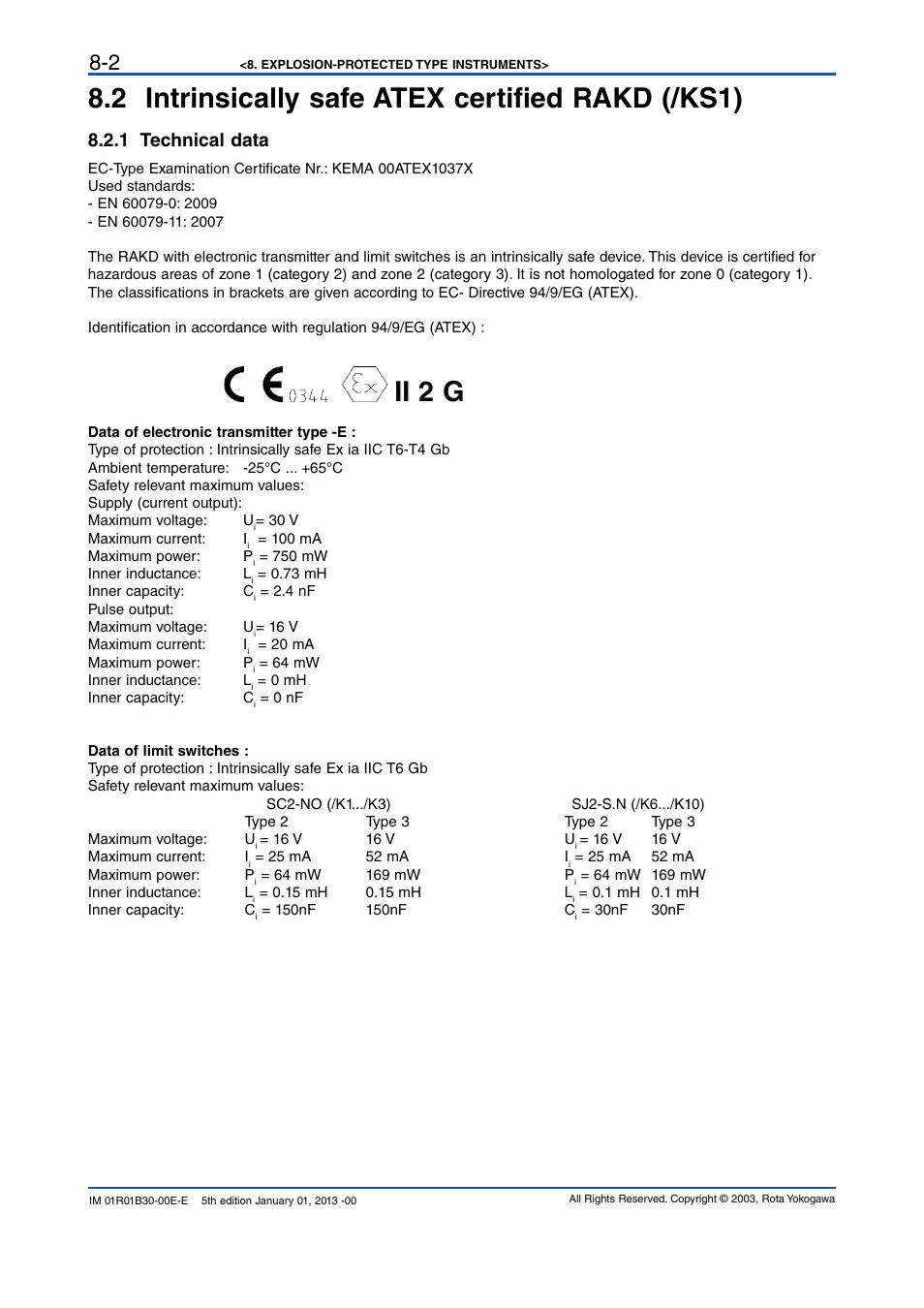 2 intrinsically safe atex certified rakd (/ks1), 1 technical data, 2 intrinsically safe atex certified rakd (/ks1) -2 | 1 technical data -2, Ii 2 g | Yokogawa RAKD User Manual | Page 48 / 72