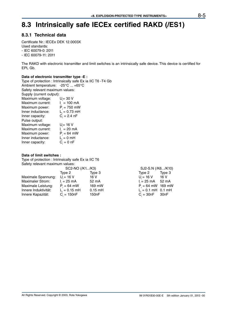3 intrinsically safe iecex certified rakd (/es1), 1 technical data, 1 technical data -5 | Yokogawa RAKD User Manual | Page 51 / 72